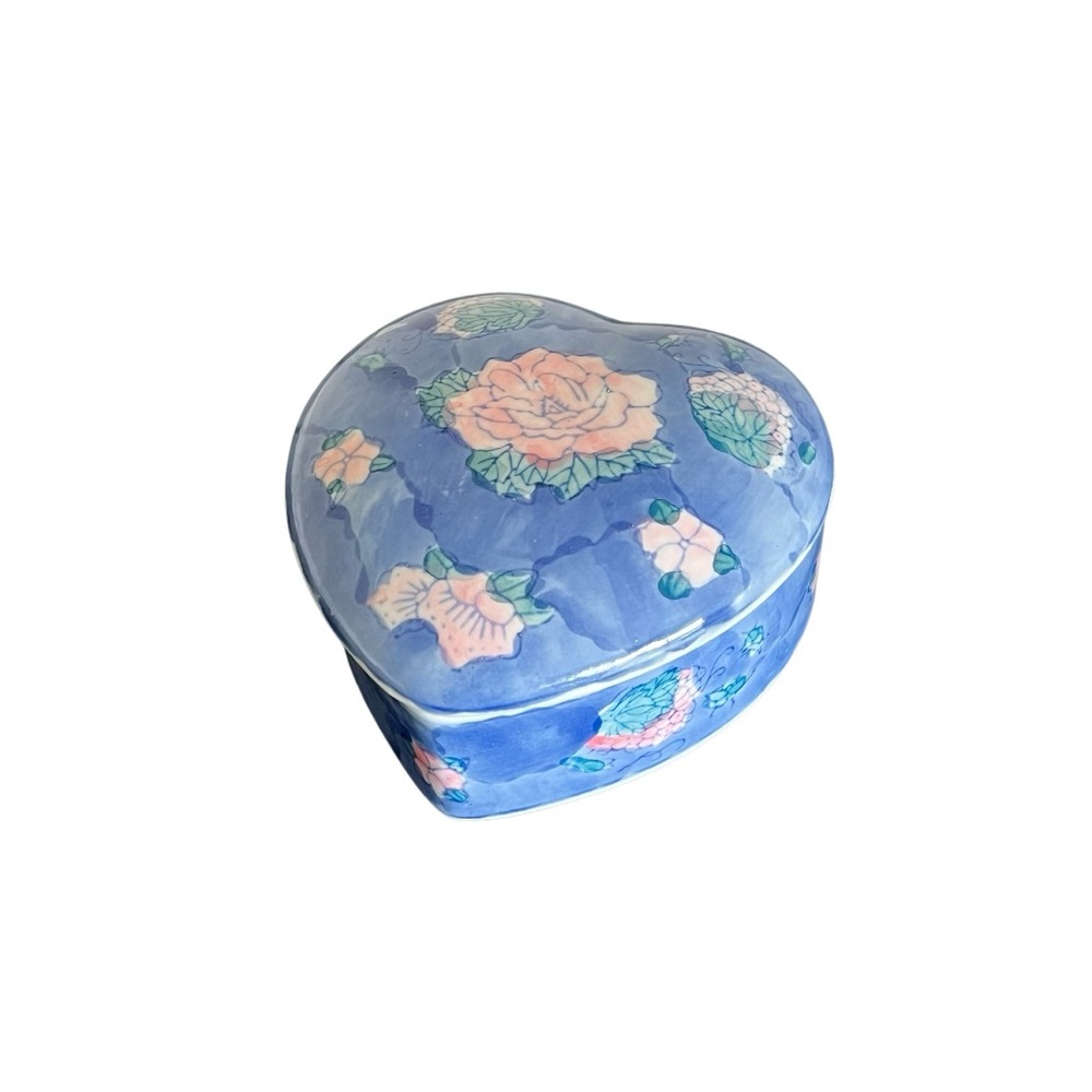 Vintage Hand Painted Porcelain Trinket Jewelry Box Blue Floral